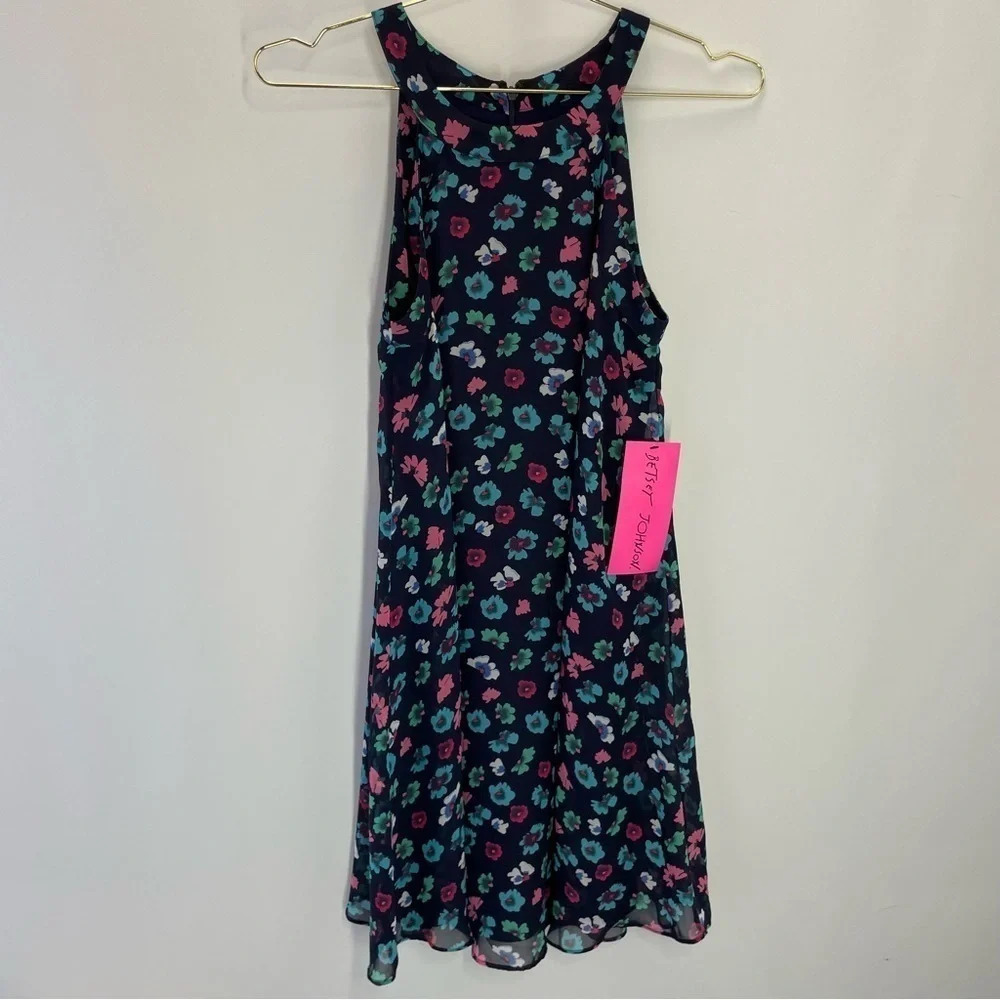 Betsey Johnson Feminine Romantic Floral High Neck Sleeveless Midi Dress